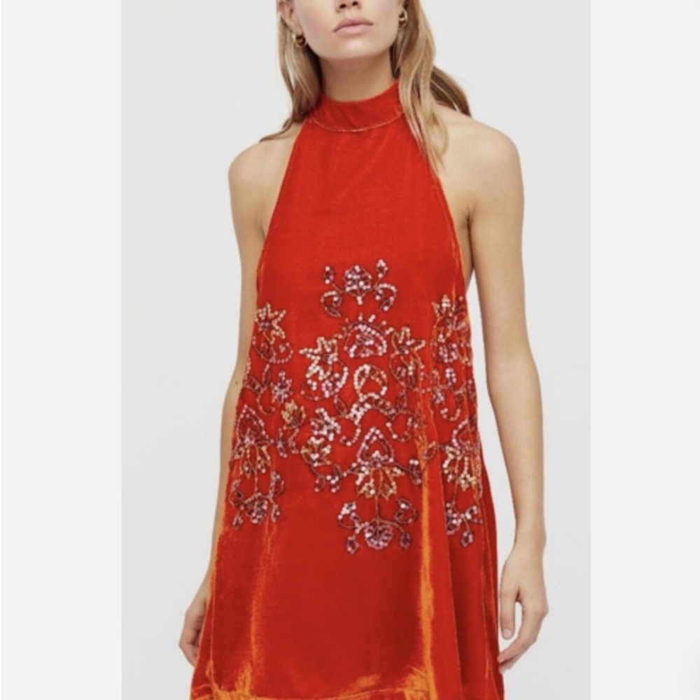 Free People Red Embellished Velvet Midi Dress